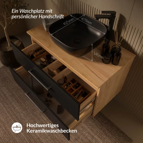 LUX 90 cm Vanity Cabinet in Gold Oak / Anthracite with 42 cm Black Sink
