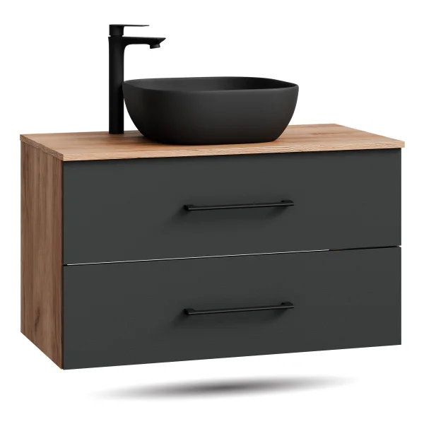 LUX 90 cm Vanity Cabinet in Gold Oak / Anthracite with 42 cm Black Sink