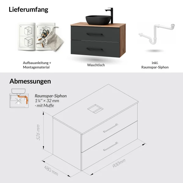 LUX 90 cm Vanity Cabinet in Gold Oak / Anthracite with 42 cm Black Sink
