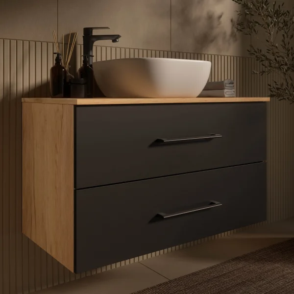 Waschtischunterschrank LUX 90 cm Gold Eiche / Anthrazit mit Waschbecken 42 cm weiß