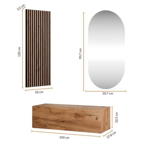 Hallway Wardrobe 100 cm with wall panel and mirror without LED lighting gold oak