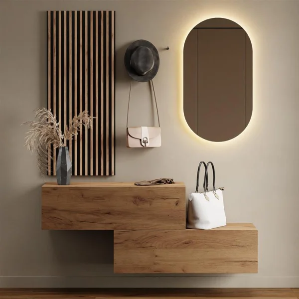 Hallway Wardrobe 2x 100 cm with wall panel and mirror without LED lighting gold oak