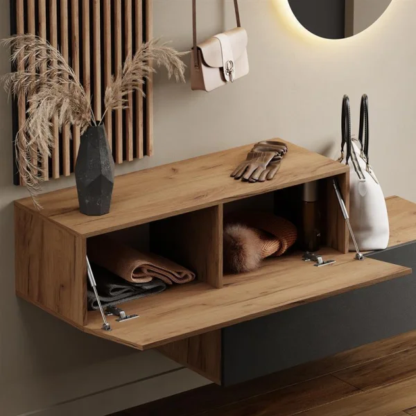Hallway Wardrobe 2x 100 cm with wall panel and mirror without LED lighting gold oak