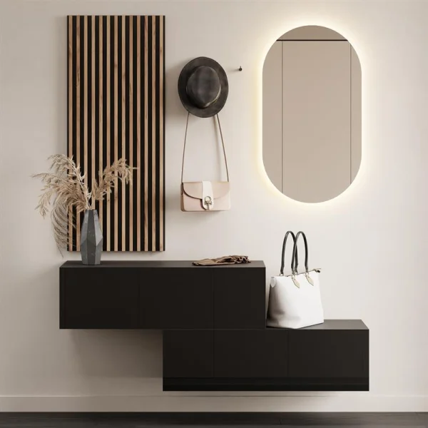 Hallway Wardrobe 2x 100 cm with wall panel and mirror without LED lighting black