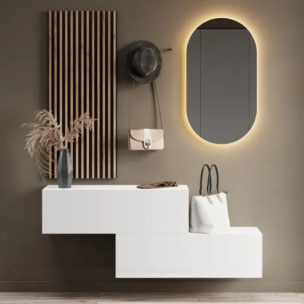 Hallway Wardrobe 100 cm with wall panel and mirror without LED lighting white