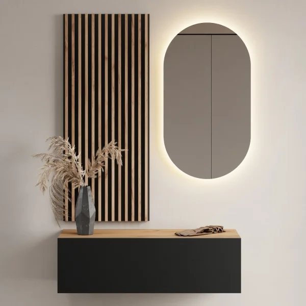 Hallway Wardrobe 100 cm with wall panel and mirror without LED lighting gold oak / anthracite