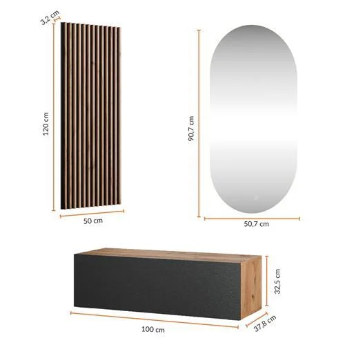 Hallway Wardrobe 100 cm with wall panel and mirror without LED lighting gold oak / anthracite