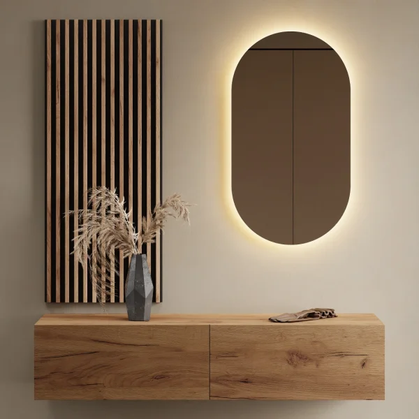 Hallway Wardrobe 140 cm with wall panel and mirror without LED lighting gold oak