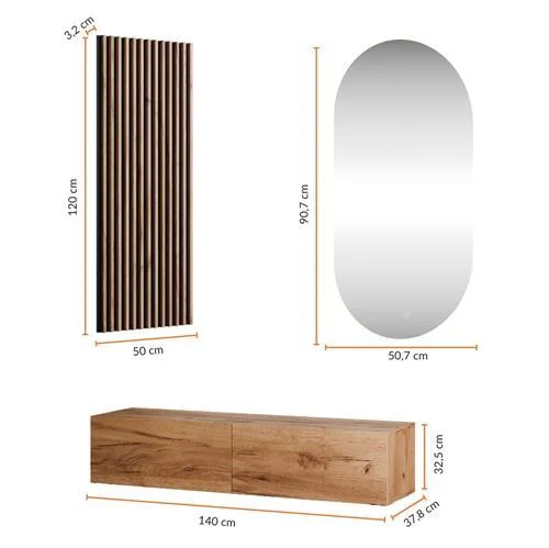 Hallway Wardrobe 140 cm with wall panel and mirror without LED lighting gold oak