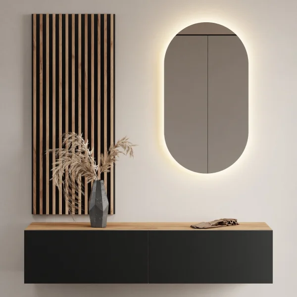 Hallway Wardrobe 140 cm with wall panel and mirror without LED lighting gold oak / anthracite
