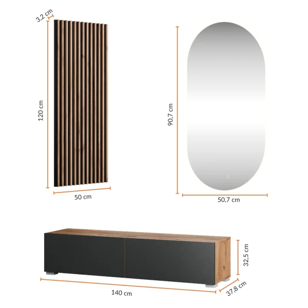 Hallway Wardrobe 140 cm with wall panel and mirror without LED lighting gold oak / anthracite
