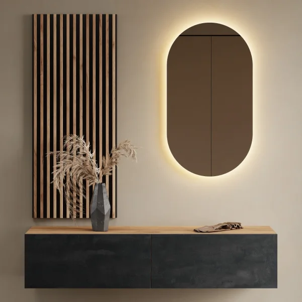 Appendiabiti da ingresso 140 cm con pannello da parete e specchio, senza illuminazione a LED, rovere dorato / nero antracite