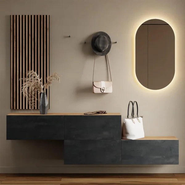 Appendiabiti da ingresso 2x 140 cm con pannello da parete e specchio, senza illuminazione a LED, rovere dorato / nero antracite