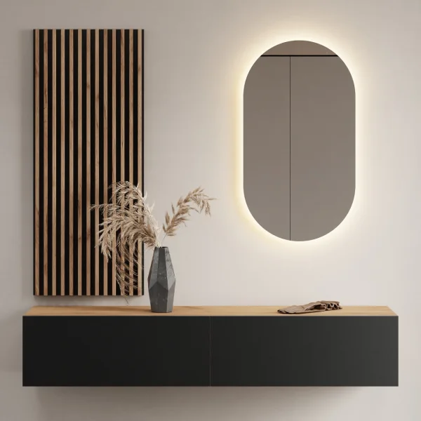 Appendiabiti da ingresso da 160 cm con pannello da parete e specchio, senza illuminazione a LED, rovere dorato / antracite