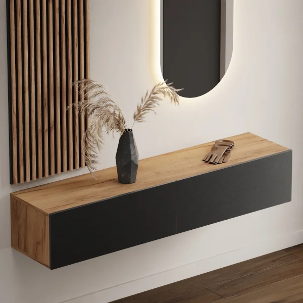 Appendiabiti da ingresso da 160 cm con pannello da parete e specchio, senza illuminazione a LED, rovere dorato / antracite