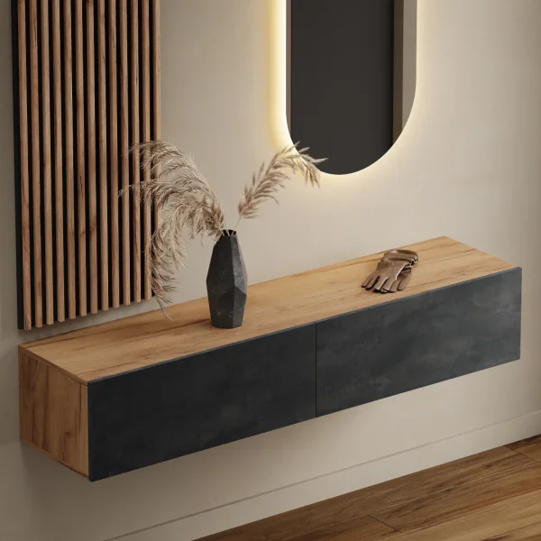 Flurgarderobe 160 cm mit Wandpaneele und Spiegel ohne LED-Beleuchtung gold eiche / schwarz charcoal
