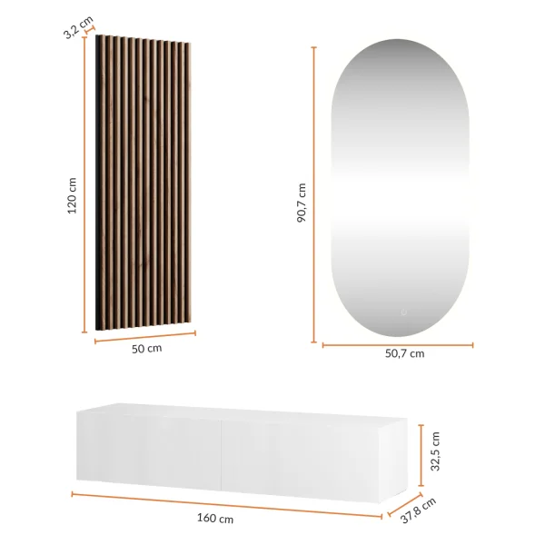 Hallway Wardrobe 160 cm with wall panel and mirror without LED lighting white
