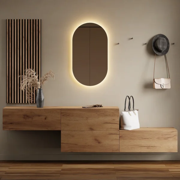 Hallway Wardrobe 2x 160 cm with wall panel and mirror without LED lighting gold oak