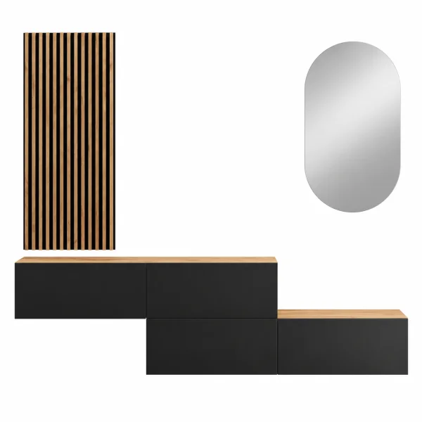 Flurgarderobe 2x 160 cm mit Wandpaneele und Spiegel ohne LED-Beleuchtung gold eiche / anthrazit