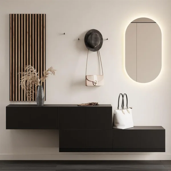 Hallway Wardrobe 2x 160 cm with wall panel and mirror without LED lighting black