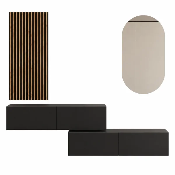 Penderie dentrée 2 x 160 cm avec panneaux muraux et miroir, sans éclairage LED, noir