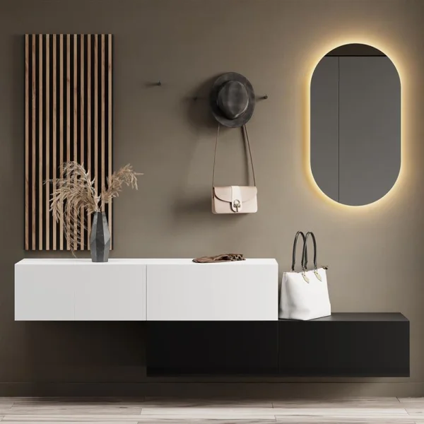 Hallway Wardrobe 2x 160 cm with wall panel and mirror without LED lighting black / white