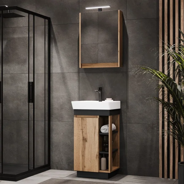 Nyx Bathroom Furniture Set: 45 cm Wotan Vanity in Oak / Anthracite with Mirror Cabinet and Black Faucet