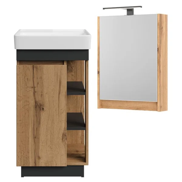 Ensemble de meubles de salle de bains Nyx : lavabo 45 cm, modèle Wotan en chêne / anthracite, avec armoire de toilette