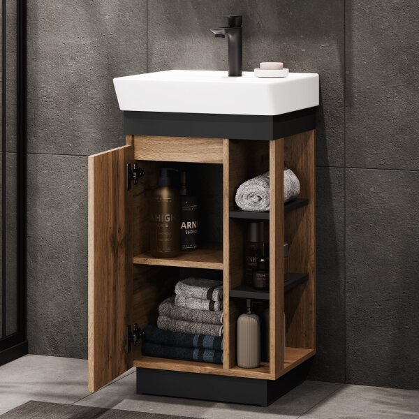 Badmöbel Set Nyx Waschtisch 50 cm Wotan Eiche / Anthrazit mit Armatur schwarz