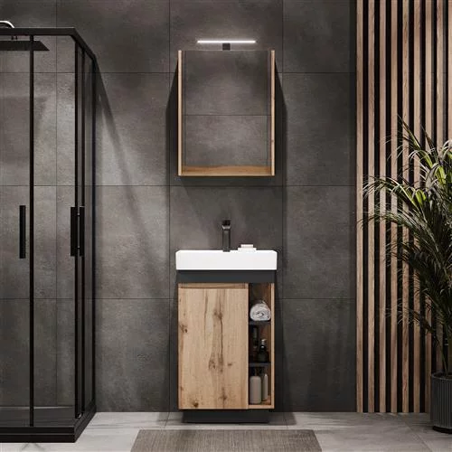 Badmöbel Set Nyx Waschtisch 50 cm Wotan Eiche / Anthrazit mit Spiegelschrank und Armatur schwarz