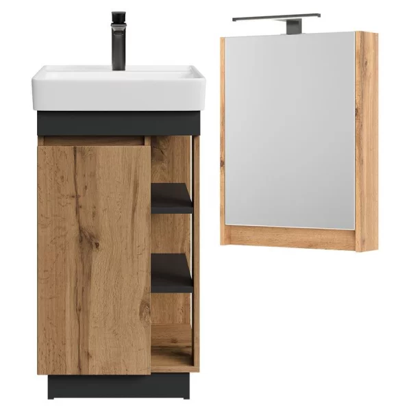 Badmöbel Set Nyx Waschtisch 50 cm Wotan Eiche / Anthrazit mit Spiegelschrank und Armatur schwarz