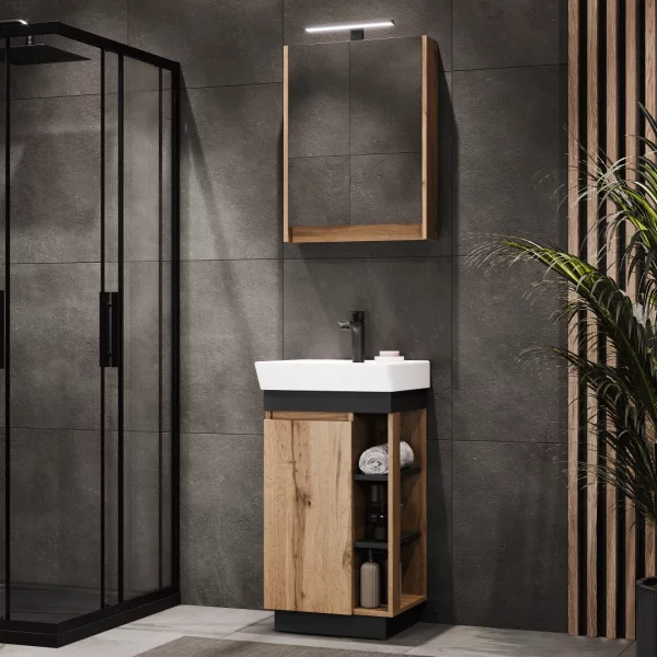 Badmöbel Set Nyx Waschtisch 50 cm Wotan Eiche / Anthrazit mit Spiegelschrank und Armatur schwarz