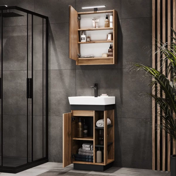 Badmöbel Set Nyx Waschtisch 50 cm Wotan Eiche / Anthrazit mit Spiegelschrank und Armatur schwarz