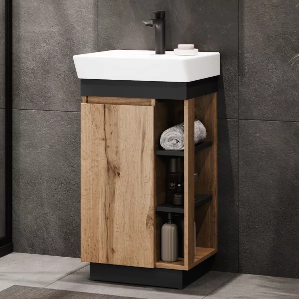 Badmöbel Set Nyx Waschtisch 50 cm Wotan Eiche / Anthrazit mit Spiegelschrank und Armatur schwarz