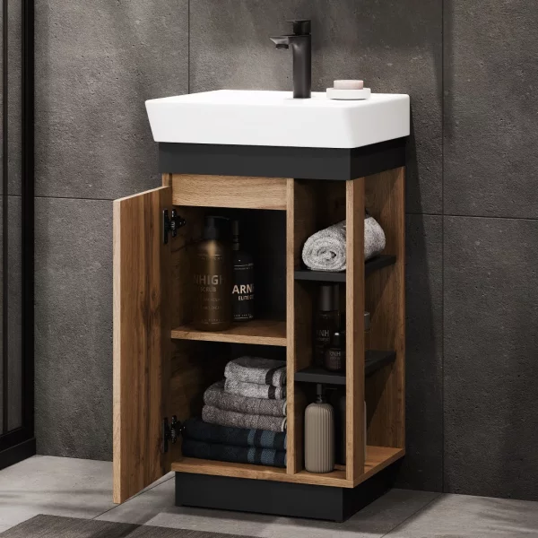 Badmöbel Set Nyx Waschtisch 50 cm Wotan Eiche / Anthrazit mit Spiegelschrank und Armatur schwarz