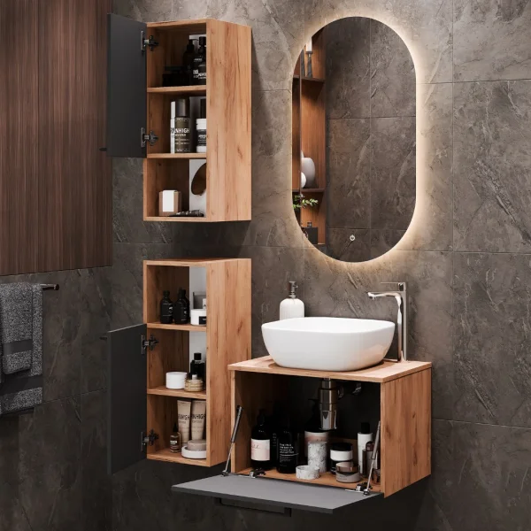 Meuble sous-lavabo Astra 60 cm, chêne doré / anthracite, avec 2 meubles midi, chêne doré / anthracite
