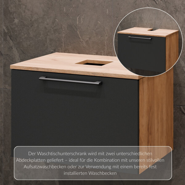 Waschtischunterschrank Astra 60 cm gold eiche / anthrazit mit 1x Midischrank gold eiche / anthrazit