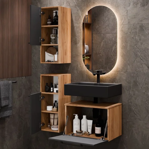 Meuble sous-lavabo Astra 60 cm, chêne doré / anthracite, avec miroir (à LED) et 2 meubles de rangement de taille moyenne, chêne doré / anthracite