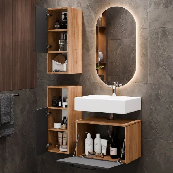Meuble sous-lavabo Astra 60 cm, chêne doré / anthracite, avec miroir (à LED) et 2 meubles de rangement de taille moyenne, chêne doré / anthracite