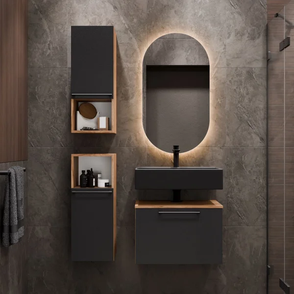 Meuble sous-lavabo Astra 60 cm, chêne doré / anthracite, avec miroir (à LED) et 2 meubles de rangement de taille moyenne, chêne doré / anthracite