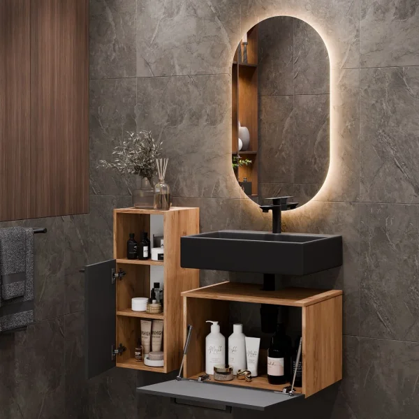 Sink base cabinet Astra 60 cm gold oak / anthracite with mirror (with LED) and 1x midi cabinet gold oak / anthracite