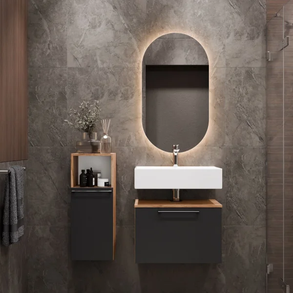 Sink base cabinet Astra 60 cm gold oak / anthracite with mirror (with LED) and 1x midi cabinet gold oak / anthracite