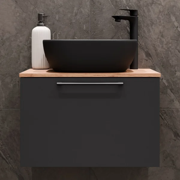 Waschtischunterschrank Astra 60 cm gold eiche / anthrazit mit Aufsatzwaschbecken schwarz