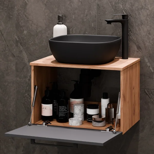 Waschtischunterschrank Astra 60 cm gold eiche / anthrazit mit Aufsatzwaschbecken schwarz