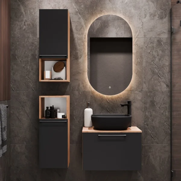 Sink base cabinet Astra 60 cm gold oak / anthracite with countertop sink black and 2x midi cabinets gold oak / anthracite