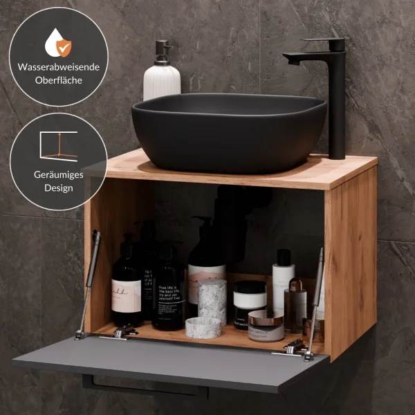 Sink base cabinet Astra 60 cm gold oak / anthracite with countertop sink black and 2x midi cabinets gold oak / anthracite