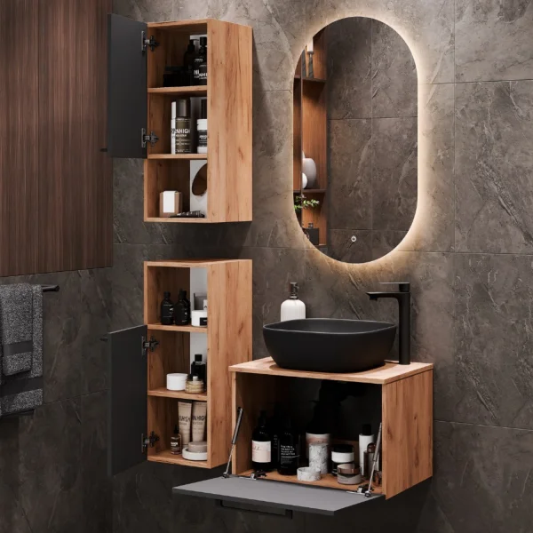 Sink base cabinet Astra 60 cm gold oak / anthracite with countertop sink black and 2x midi cabinets gold oak / anthracite