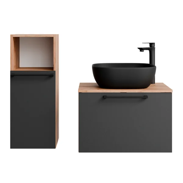 Sink base cabinet Astra 60 cm gold oak / anthracite with countertop sink black and 1x midi cabinet gold oak / anthracite
