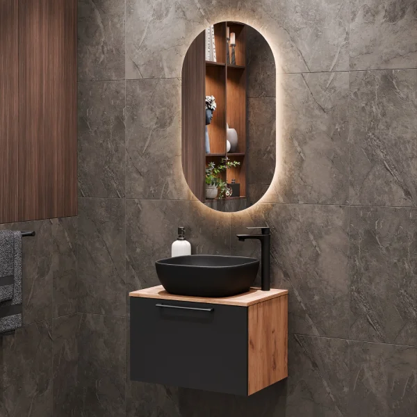Sink base cabinet Astra 60 cm gold oak / anthracite with countertop sink black and mirror (with LED)