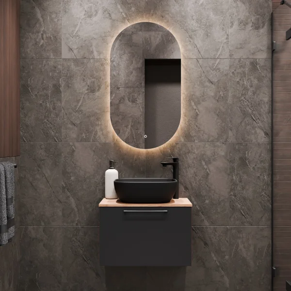 Sink base cabinet Astra 60 cm gold oak / anthracite with countertop sink black and mirror (with LED)